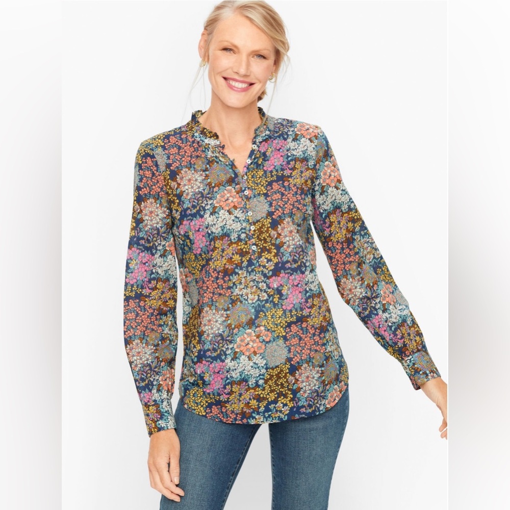 TALBOTS Plus Ruffle Band Collar Lightweight Cotton Poplin Popover NWT | Size 1X